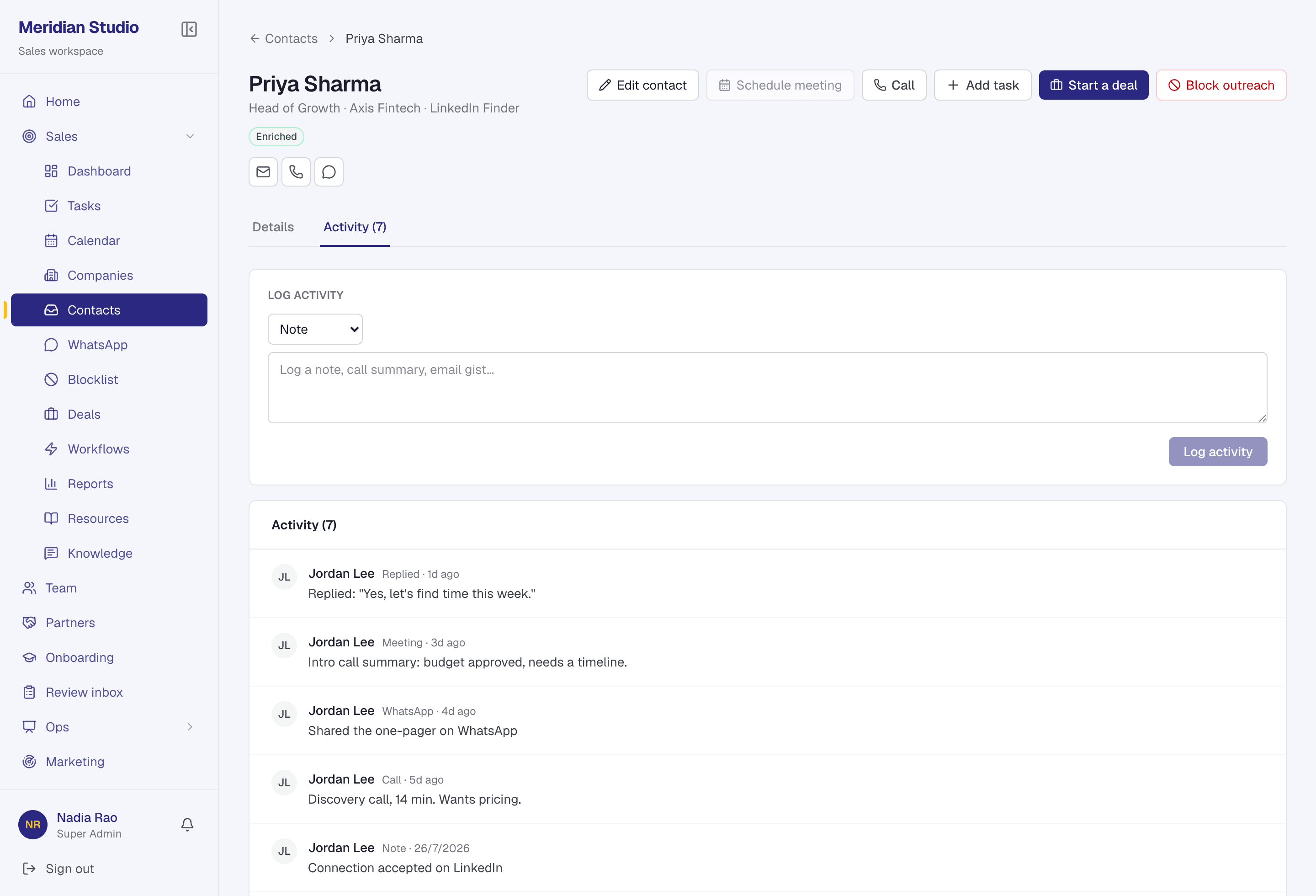 A contact timeline with email, calls, LinkedIn, WhatsApp and meeting notes all in one place.